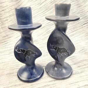 Vintage African Elephant Twist Design‎ Handpainted Soapstone Candle Holders